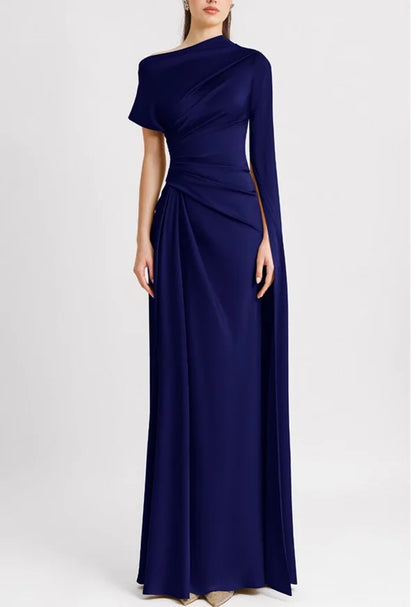 Women’s Solid Color Long Dress – Slanted Collar, Raglan Sleeves, Pleated Waist, Retro Elegant Commuting Style