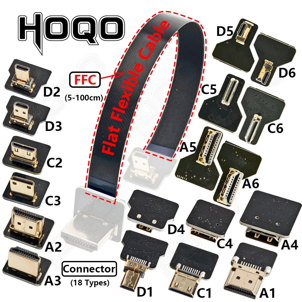 Ribbon FPV HDMI-Compatible Connector – Flexible Flat Cable for Raspberry Pi 4, Micro HDMI to HDMI/Mini HDMI Female 90° FFC 20pin