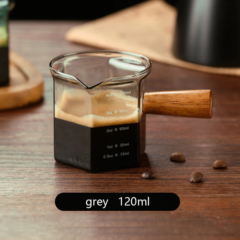 120ml Glass Espresso Measuring Cup with Wooden Handle — Hexagon Coffee Milk Jug & Sauce Pitcher