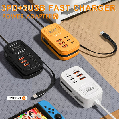 6-Port USB-C Charging Station – Fast-Charging Desktop Power Strip with 3 USB-C Ports, 3 USB-A Ports, and EU/UK/US Plug Options