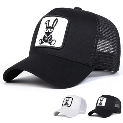 Cartoon Rabbit Embroidery Cap - Adjustable Mesh Baseball Hat with Sun Protection for Spring & Summer Outdoor Wear