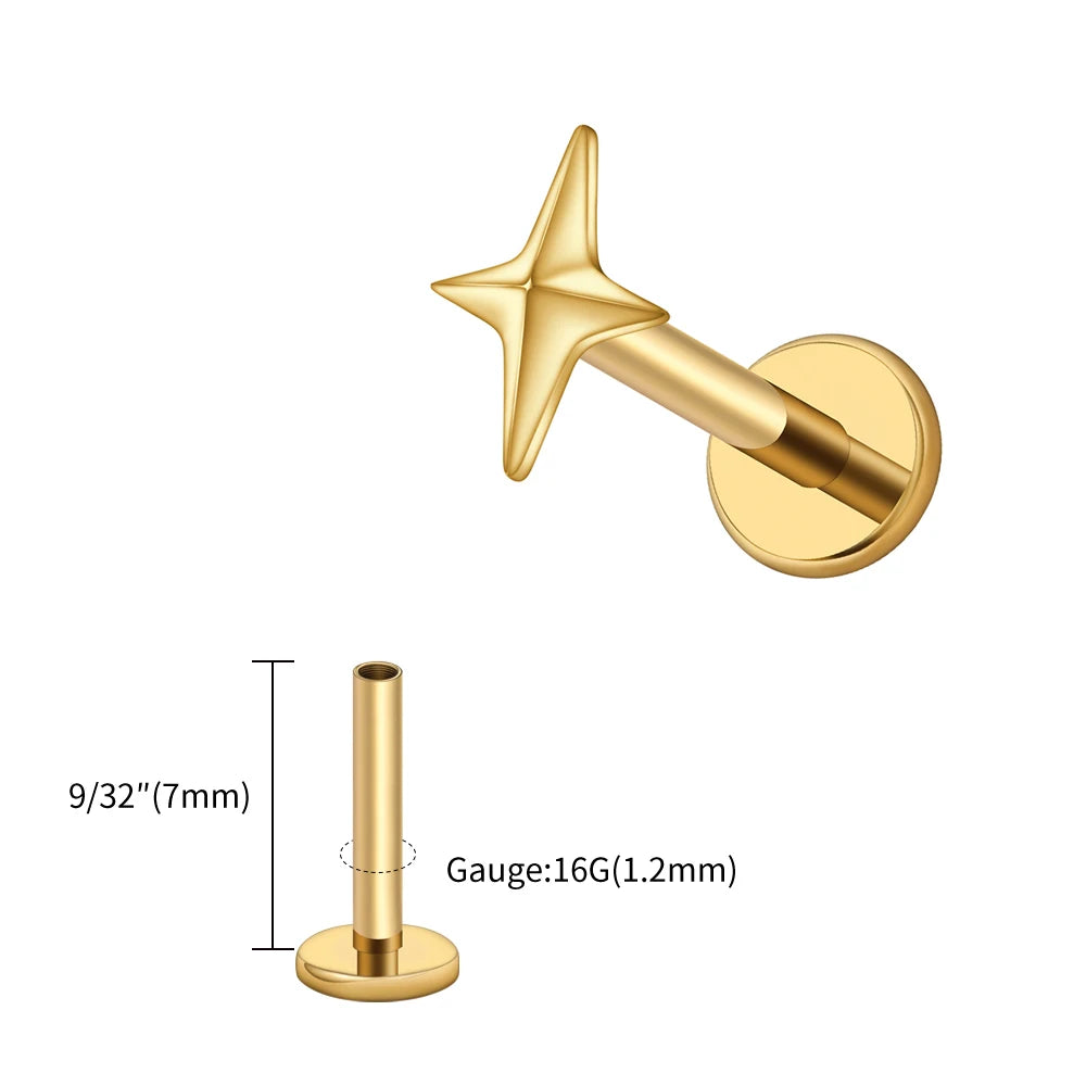 Right Grand ASTM F136 Titanium 16G Four-Pointed Star Cartilage Stud Earring – Helix, Tragus, Flatback Labret & Nose Piercing Jewelry