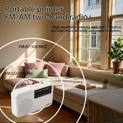 Mini FM/AM Two-Band Radio — 1W Loud Speaker with 3.5mm Headphone Jack & 180° High-Performance Antenna for Home Use