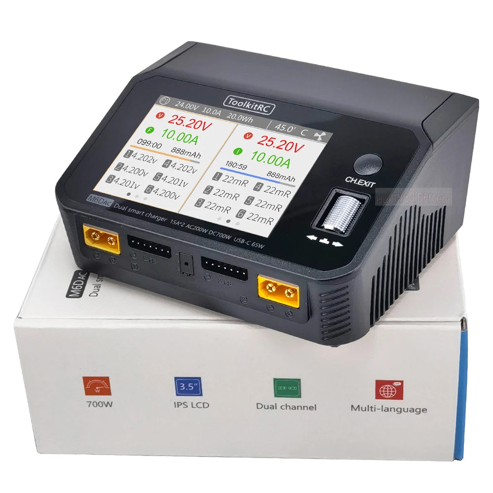 ToolkitRC M6DAC Dual Channel Smart LiPo Battery Charger – 200W AC, 350W DC x2, 15A for 1-6S LiHV PD 65W Discharger