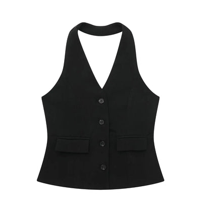 TRAFZA Women’s 2-Piece Set — Sleeveless Halter Vest Top with High-Waist Wide Leg Pants & Zipper Pockets