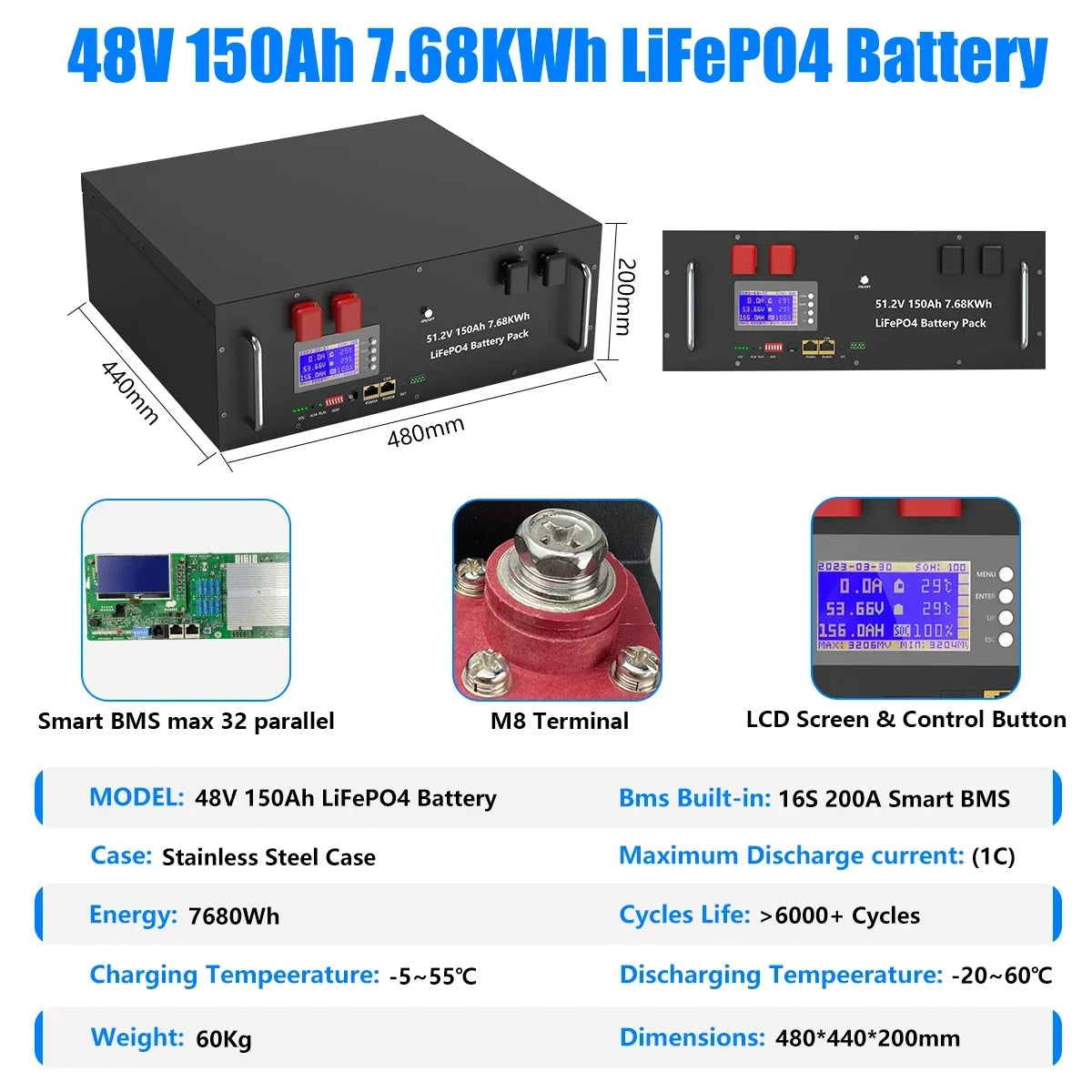 LiFePO4 48V 100Ah/200Ah Lithium Solar Battery Pack – 51.2V 10kW, 6000 Cycles, 16S 200A BMS, Max 32 Parallel for Inverter