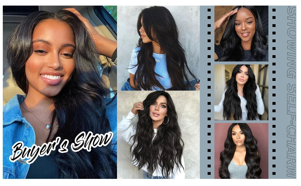 ALAN EATON Black Long Wavy Synthetic Wig – Natural Afro Hair, Middle Part, Heat-Resistant Fiber for Daily Use