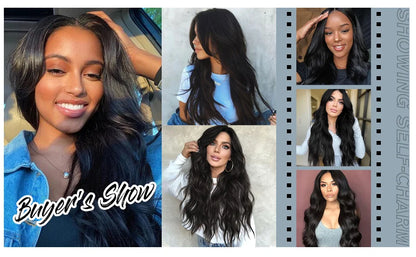 ALAN EATON Black Long Wavy Synthetic Wig – Natural Afro Hair, Middle Part, Heat-Resistant Fiber for Daily Use