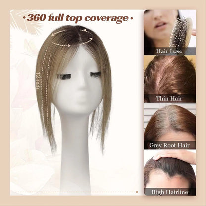Ombre Blonde Brown 100% Remy Human Hair Topper – Silk Base Clip-In Extension for Women with Hair Loss, 12 Inch