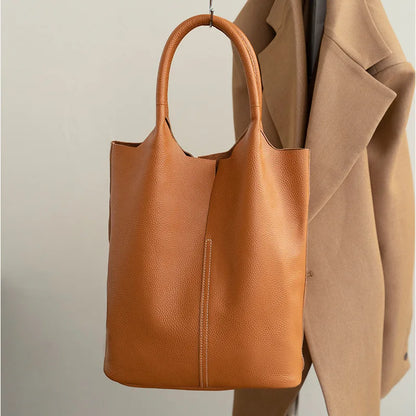 Genuine Leather Women’s Commuter Tote Bag — Soft Cowhide Shoulder Handbag, Large Capacity Bucket Bag, 2025 New