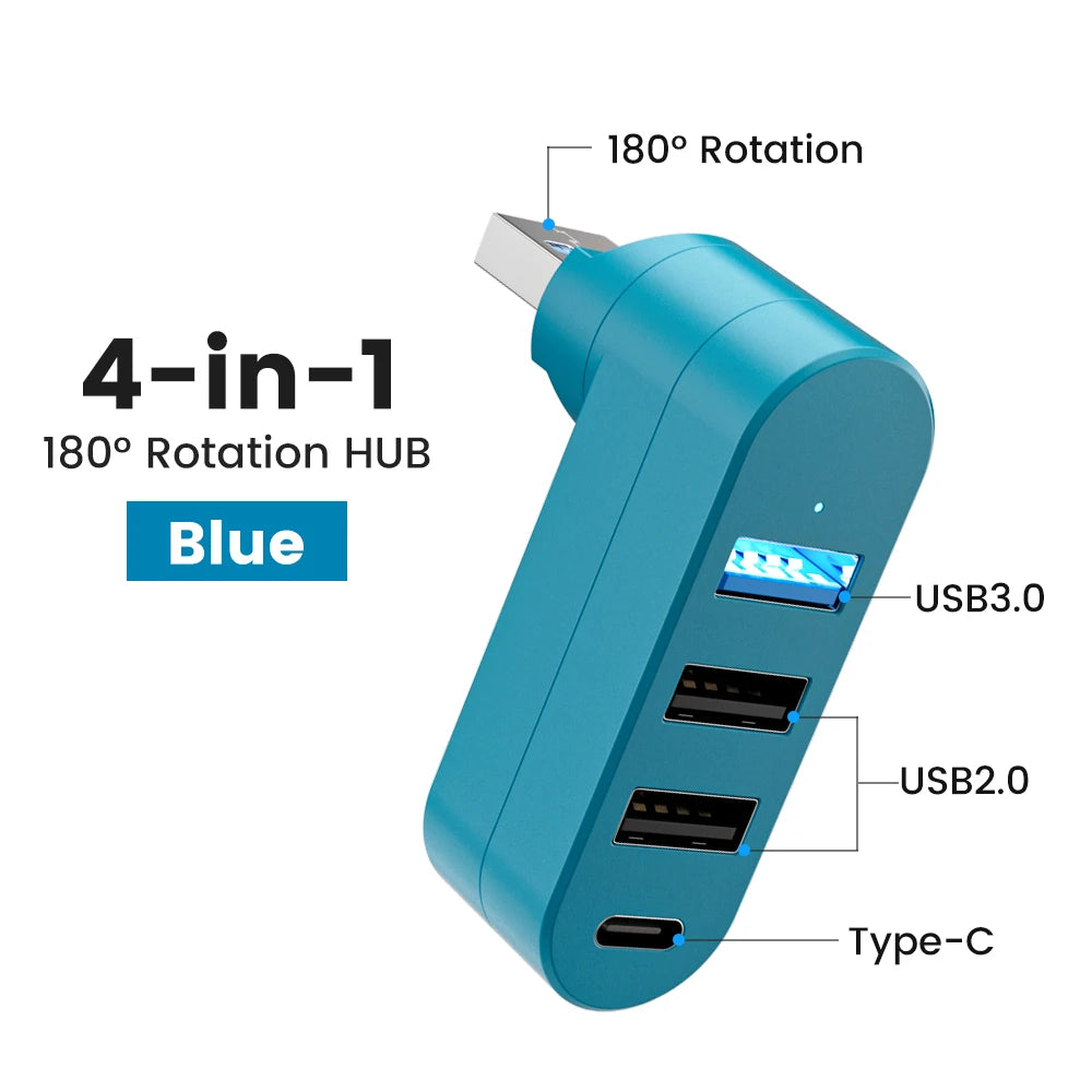 Elough 4-Port USB Hub - 180° Rotatable USB 3.0/2.0 and Type-C Data Transfer Adapter for Laptop, MacBook, and PC