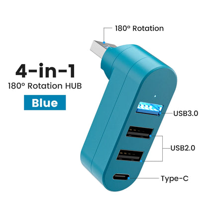 Elough 4-Port USB Hub - 180° Rotatable USB 3.0/2.0 and Type-C Data Transfer Adapter for Laptop, MacBook, and PC