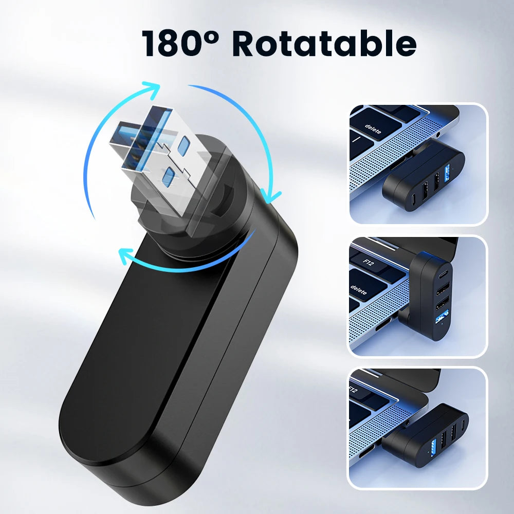 Elough 4-Port USB Hub - 180° Rotatable USB 3.0/2.0 and Type-C Data Transfer Adapter for Laptop, MacBook, and PC