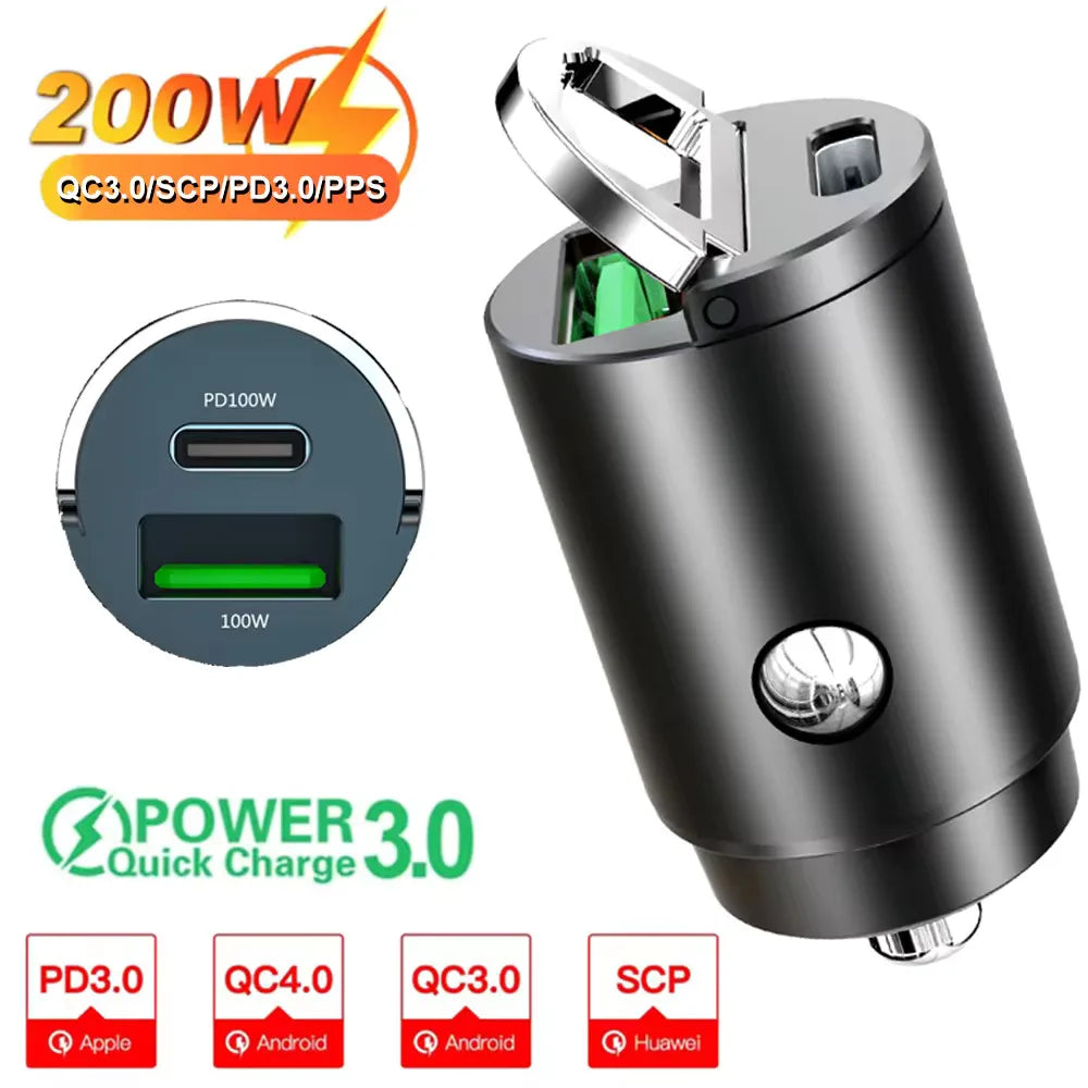 100W/200W Fast Car Charger - QC3.0 PD USB Type C Dual Port Adapter for iPhone Samsung Xiaomi Huawei 12-24V Vehicle Power