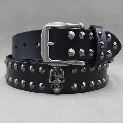 Men’s Designer Rivet Belt – Genuine Cowhide Leather Punk Rock Pin Belt for Jeans, Luxury Black Leather Belt