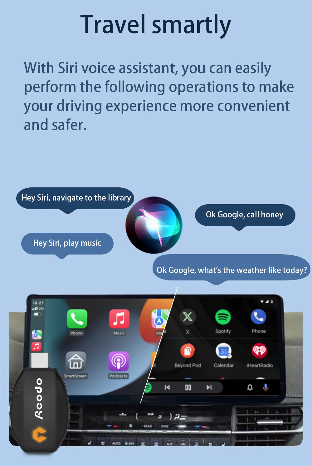 Acodo Wired to Wireless CarPlay Dongle – Android Auto Adapter, Fast WiFi, USB Type-C Plug & Play