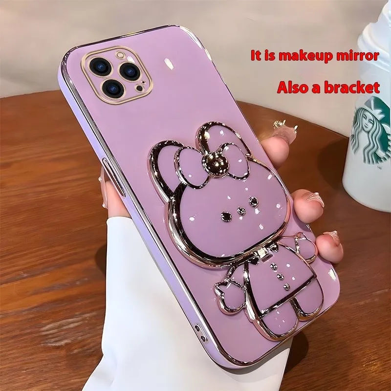 Cute Rabbit Foldable Mobile Phone Stand – 360° Rotating Desktop Holder with Sticky Back for Makeup & Phone Support