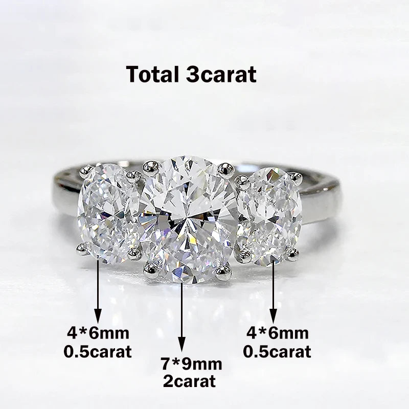 Certified 3/6cttw Real Moissanite 3-Stone Oval Engagement Ring — 925 Sterling Silver Wedding Band for Women