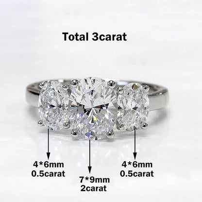 Certified 3/6cttw Real Moissanite 3-Stone Oval Engagement Ring — 925 Sterling Silver Wedding Band for Women