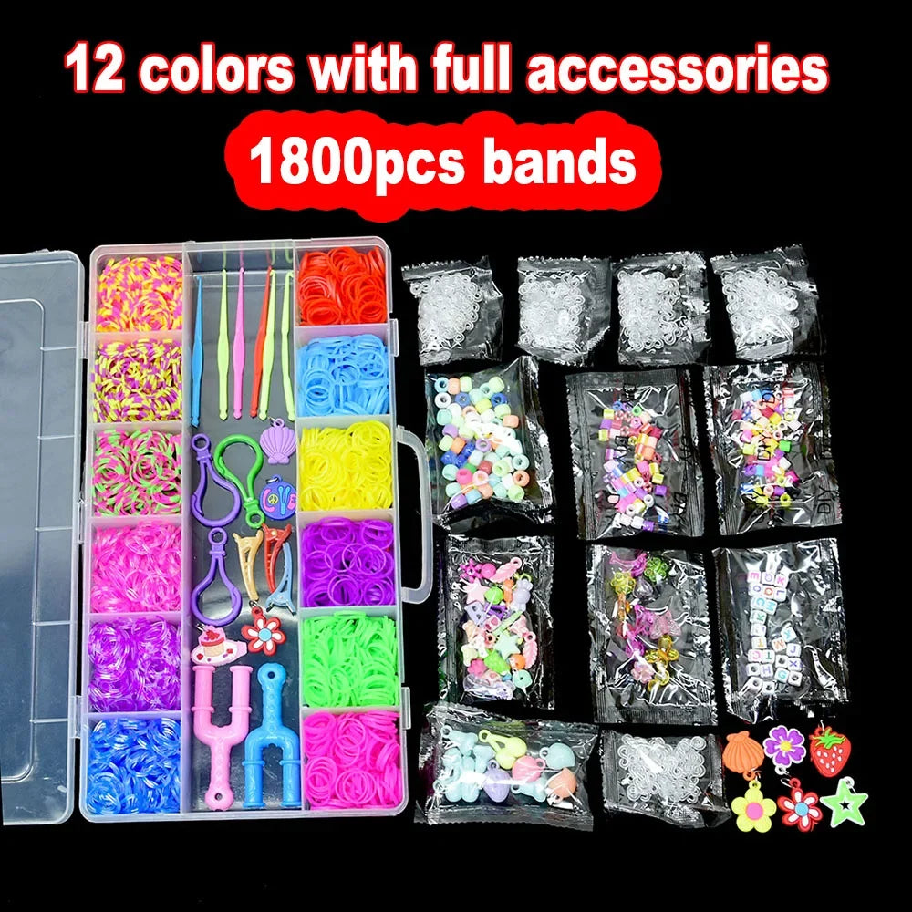 1800pcs Elastic Rubber Loom Bands DIY Kit – Weave Bracelet Craft Set with Storage Box for Kids, Teens & Handmade Gifts