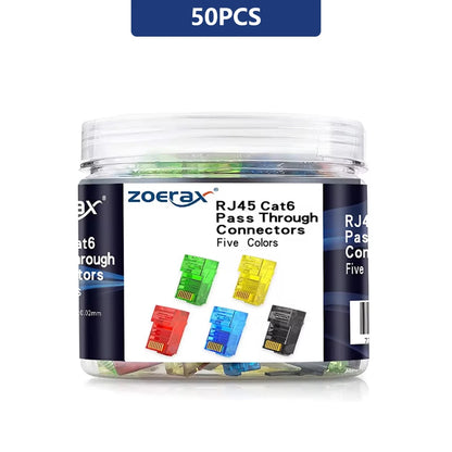 ZoeRax RJ45 Cat6 Pass-Through Connectors — 50/100/200PCS Modular Plugs 1.1mm | Solid & Stranded FTP/STP Cable