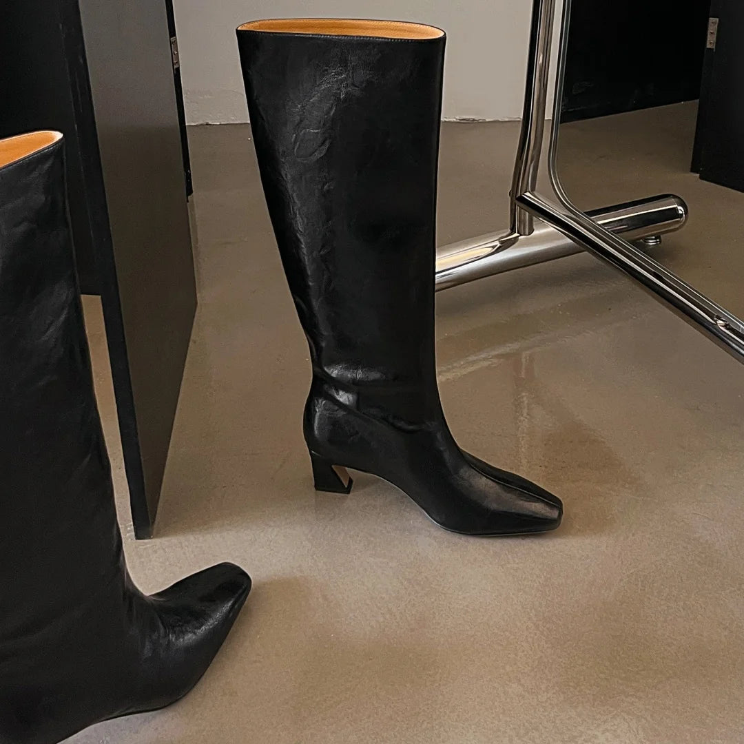 Women’s Genuine Leather Knee-High Boots – 5.5cm Thin Heel, Square Toe Slip-On Autumn Long Boots