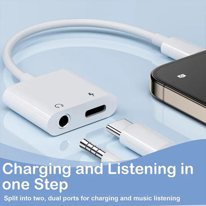 2-in-1 USB-C to 3.5mm Audio Adapter — Dual Type-C Jack Charging & Aux Cable for Samsung, Xiaomi Wired Earphones