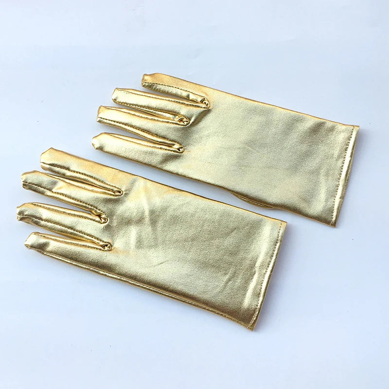 Gold Silver Metallic Faux Leather Short Gloves – Sexy Wet Look Party, Evening & Performance Mittens Handwear