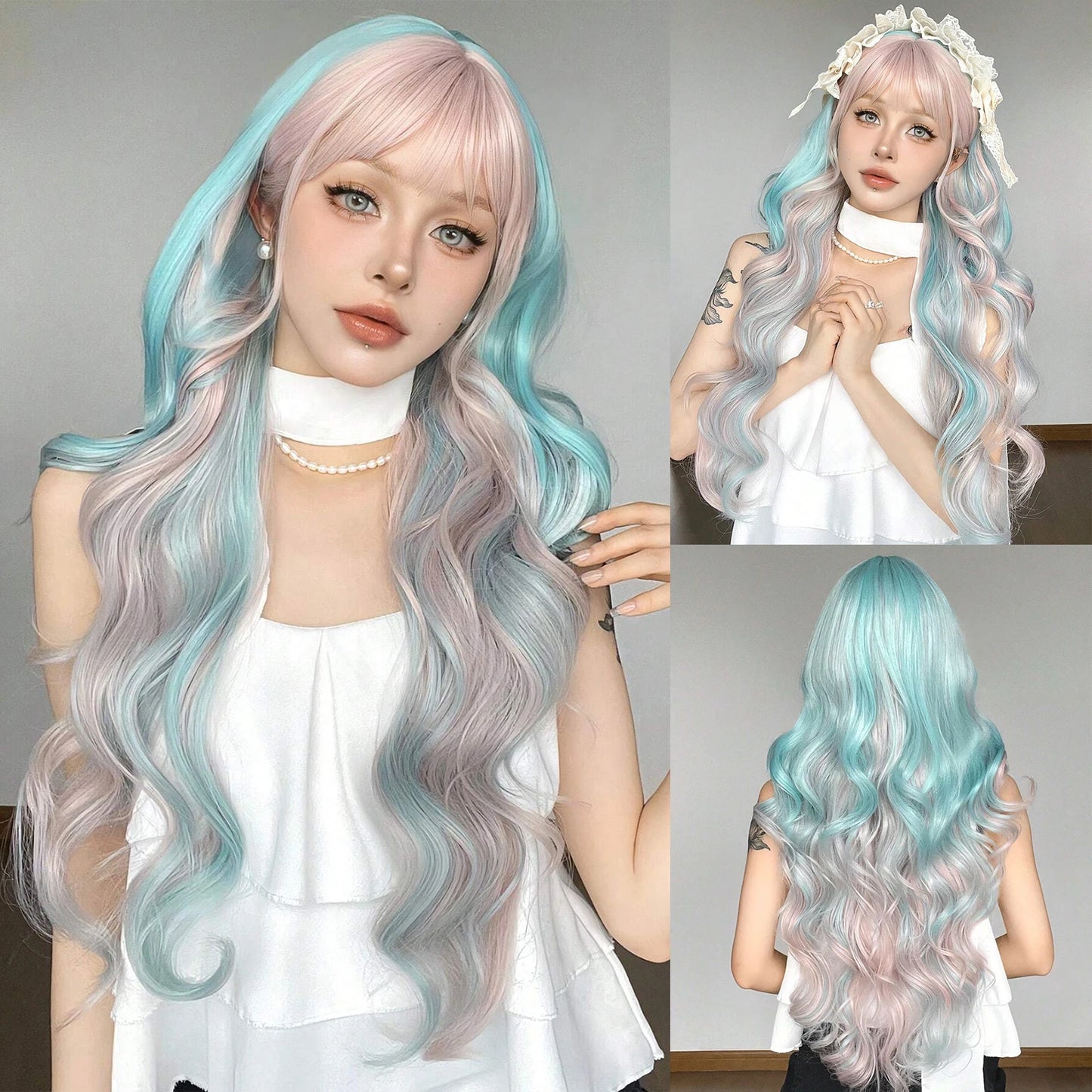 Light Green Long Wavy Synthetic Wig with Bangs – Blackish Green Cosplay & Lolita Style, Heat-Resistant for Women
