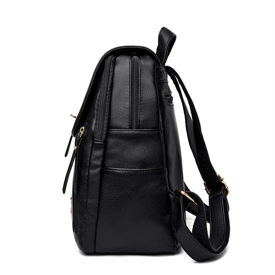 Luxury Leather Backpack for Women - Vintage Black Daypack, Casual School Bag for Girls, Mochila Rucksack Style