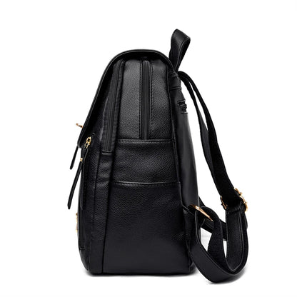 Luxury Leather Backpack for Women - Vintage Black Daypack, Casual School Bag for Girls, Mochila Rucksack Style
