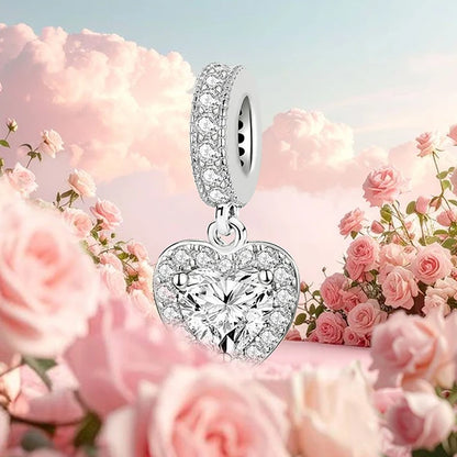 925 Sterling Silver Pink Heart Charm - Zircon Love Pendant Bead for DIY Bracelets, Bangles & Women’s Jewelry