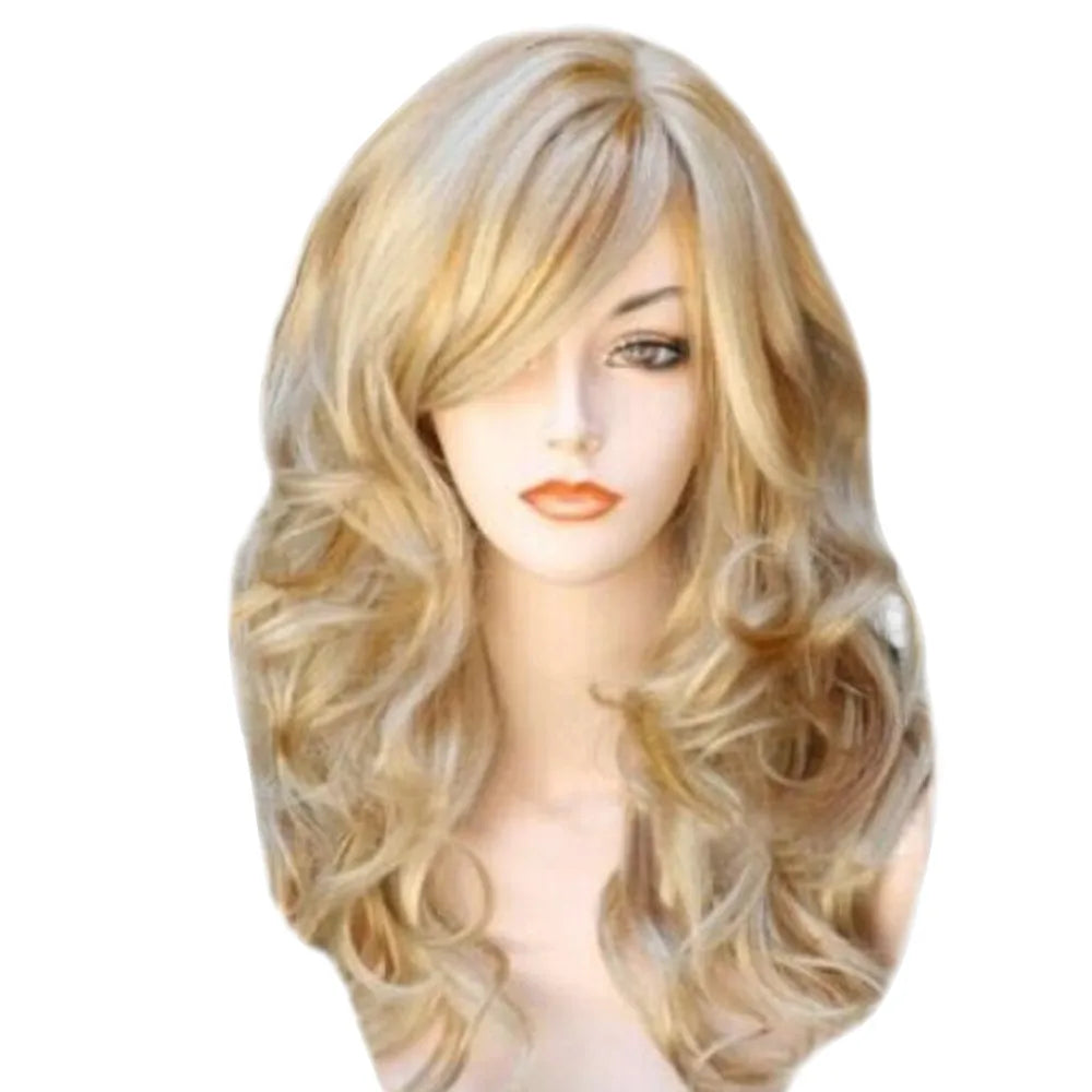 Blonde Wavy Curly Long Synthetic Wig – Heat-Resistant Fiber Costume Party Wig for Women