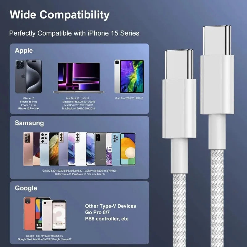 20-Pack 100W PD USB-C to USB-C Fast Charging Cables - Type-C Quick Charge Cords for iPhone 17 Pro Max, 16, 15, 14, 13, 12, 11, X and XS