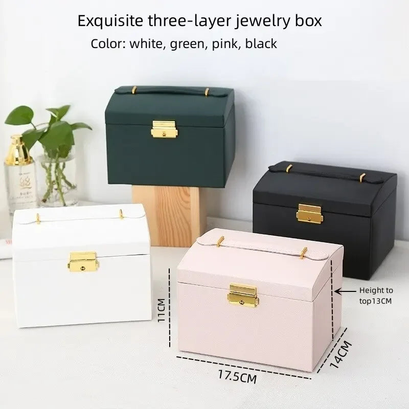 Multi-Functional Three-Layer Leather Jewelry Box – Drawer Style Organizer with Lock for Earrings