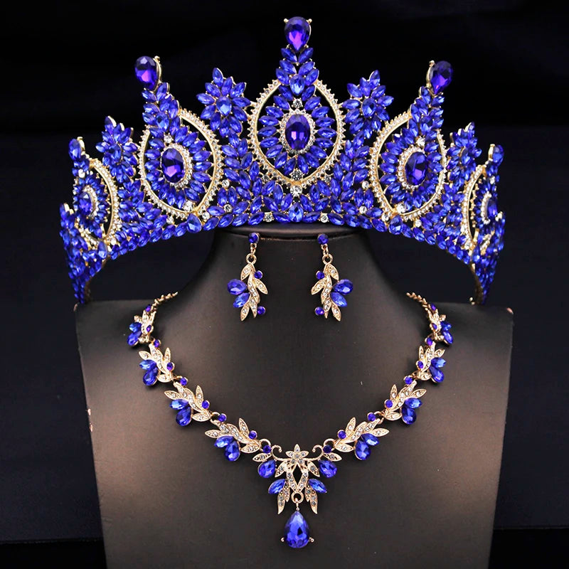 Rhinestone Bridal Tiara Jewelry Set - Wedding Crown with Necklace and Earrings for Women