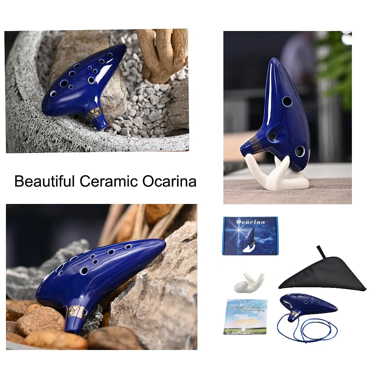 12 Tone Alto C Ocarina – Ceramic Musical Instrument with Songbook, Neck Cord & Carry Bag, Blue