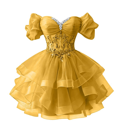 Beaded Lace Homecoming Dress - Short Tiered Tulle Sequin Prom & Quinceañera Gown