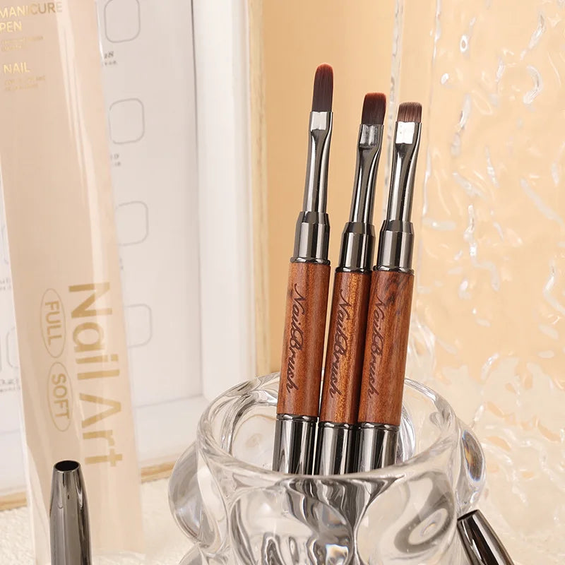 Double-Head Sandalwood Handle Nail Brush – Liner Brush Painting Pen, Gel Brush for Crystal Nail Art Manicure
