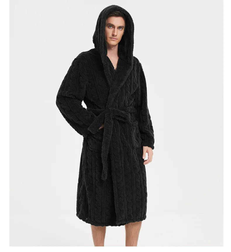 Men’s Fall & Winter Warm Hooded Robe – Thickened Cotton Velvet Jacquard Homewear for Couples