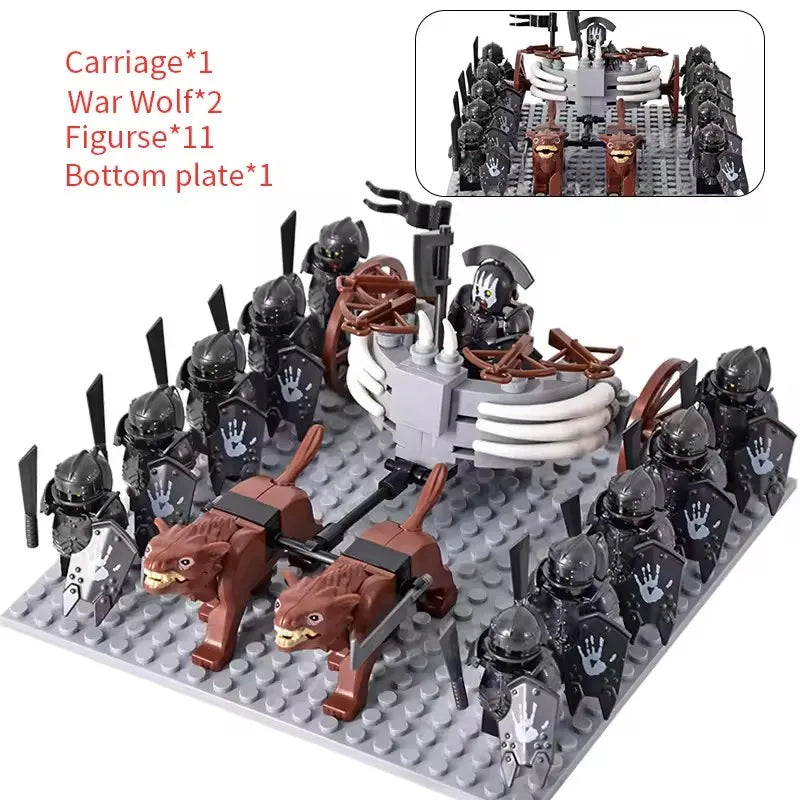 MOC Medieval LOTR Figures — Black Wolves & Mounted Chariots Action Dolls, Assembled Brick Building Blocks Toy