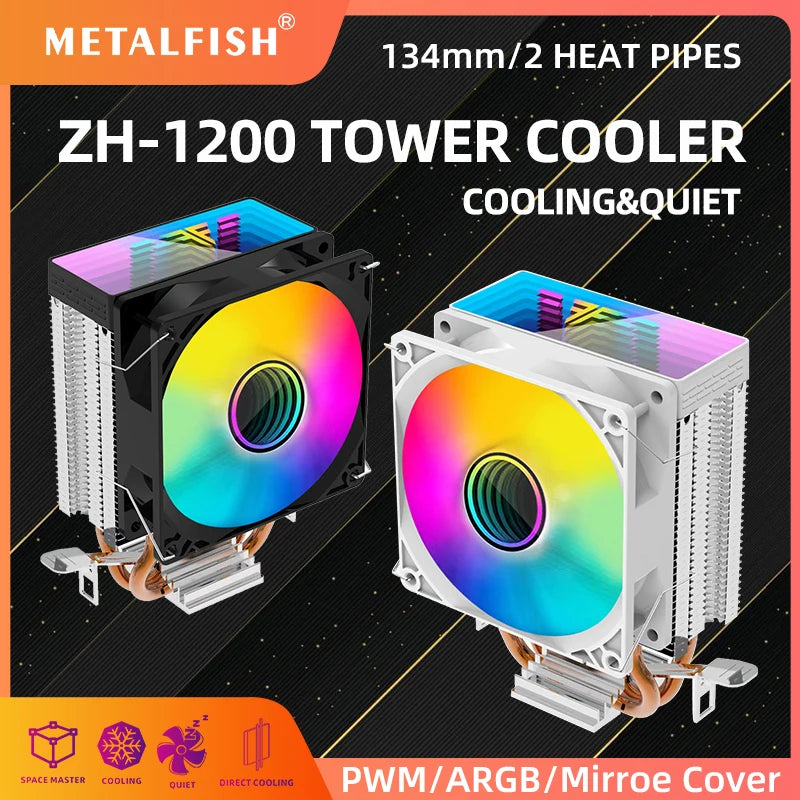 METALFISH ZH1200 CPU Cooler — 2 Heatpipe ARGB Radiator with 4-Pin PWM Silent Fan for Intel LGA 1700/1200/115X/1366/2011 & AMD AM5/AM4/AM3