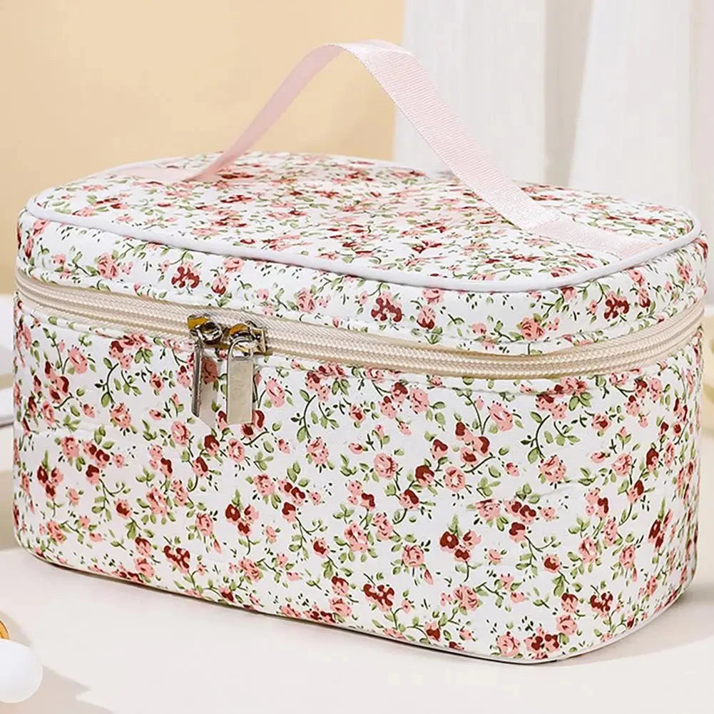 Cotton Floral Cosmetic Pouch – Dual Zipper Makeup Organizer, Portable Travel Storage & Wash Bag