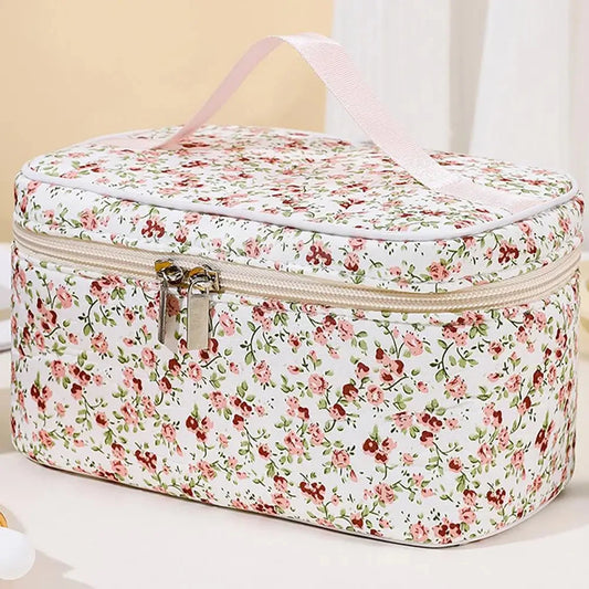 Cotton Floral Cosmetic Pouch – Dual Zipper Makeup Organizer, Portable Travel Storage & Wash Bag