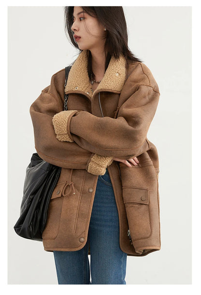 CHIC VEN Women's Reversible Jacket – Thick Suede, Motorcycle Style, Loose Fit Winter & Autumn Outerwear 2023