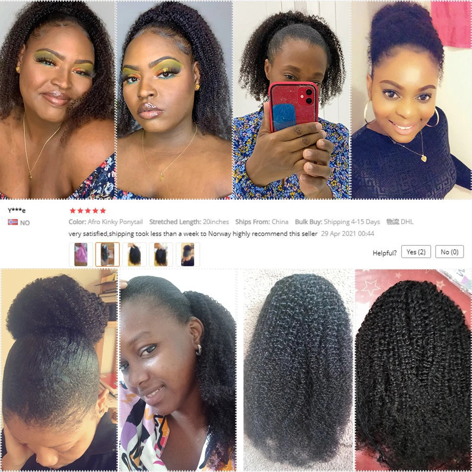 Alibele Mongolian Afro Kinky Curly Drawstring Ponytail – 4B/4C Remy Human Hair Extensions 10-28 Inch Clip-In