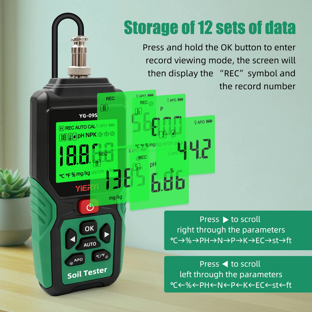 YIERYI 9-in-1 Soil Tester - Digital NPK, pH, EC, Moisture, Temperature & Salinity Analyzer for Garden & Plants