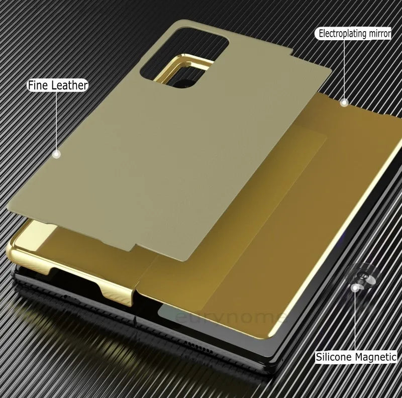 Smart Flip Case for Samsung Galaxy Z Fold – PU Leather Mirror Plating Kickstand Cover, Shockproof Funda for Fold 2/3/4/5/6 & W21/W22 5G