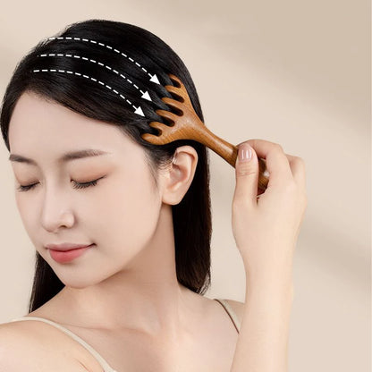 Head Meridian Massage Comb – Anti-Static Natural Wooden Wide Tooth, Six-Claw Gua Sha Tool for Spa & Blood Circulation