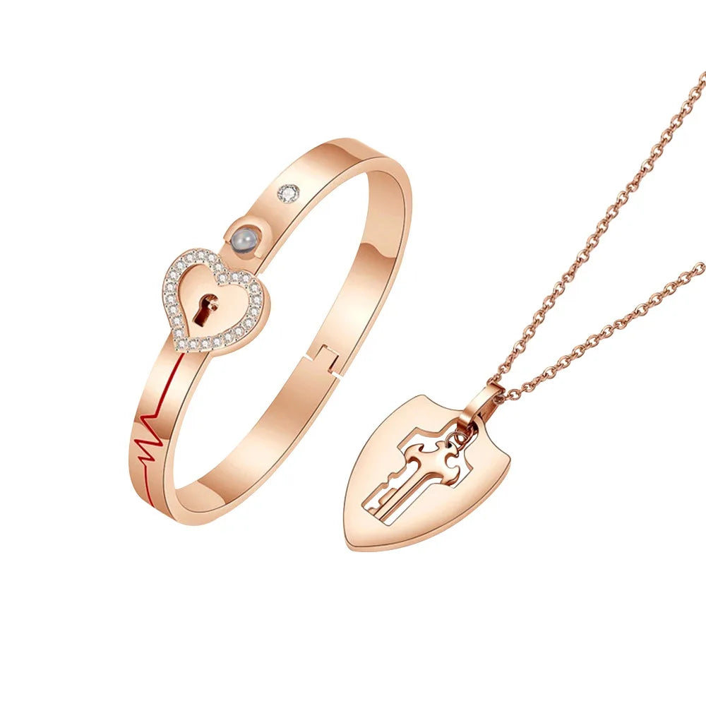 Couple Stainless Steel Love Lock Bracelet with Key Pendant Necklace – Romantic Jewelry Gift for Men and Women